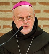 Kardinal Arborelius i svart prästdräkt och kalott i biskopens cerisa färg.