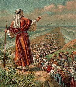 Uttåget ur Egypten, Röda havet delar sig. Bibelillustration från 1907.
