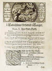 Desse äro de tio bud. Den första psalmens första vers med noter ur 1697 års koralbok.